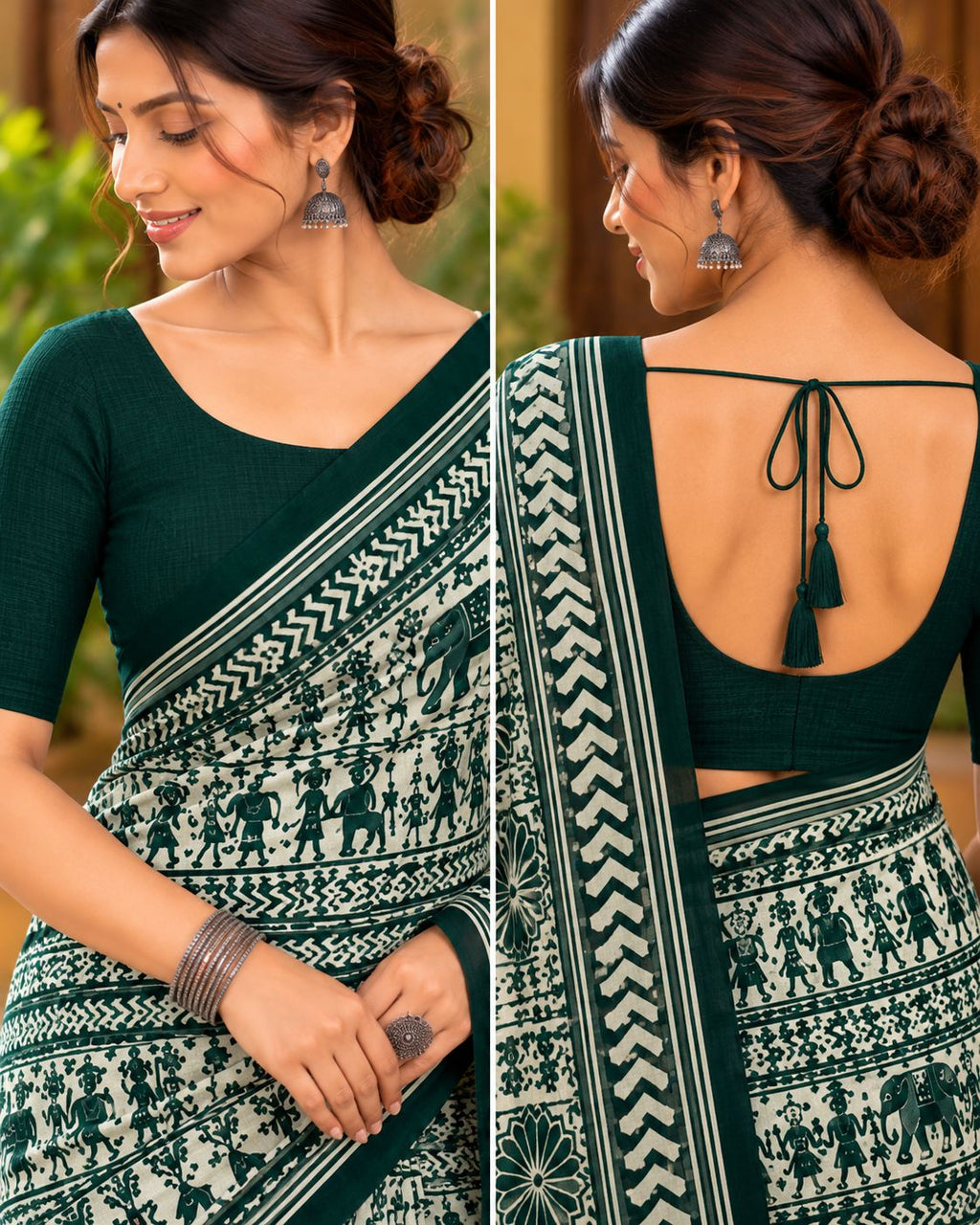 Dark Green & White Utsav Kalamkari Elephant Saree - image 7