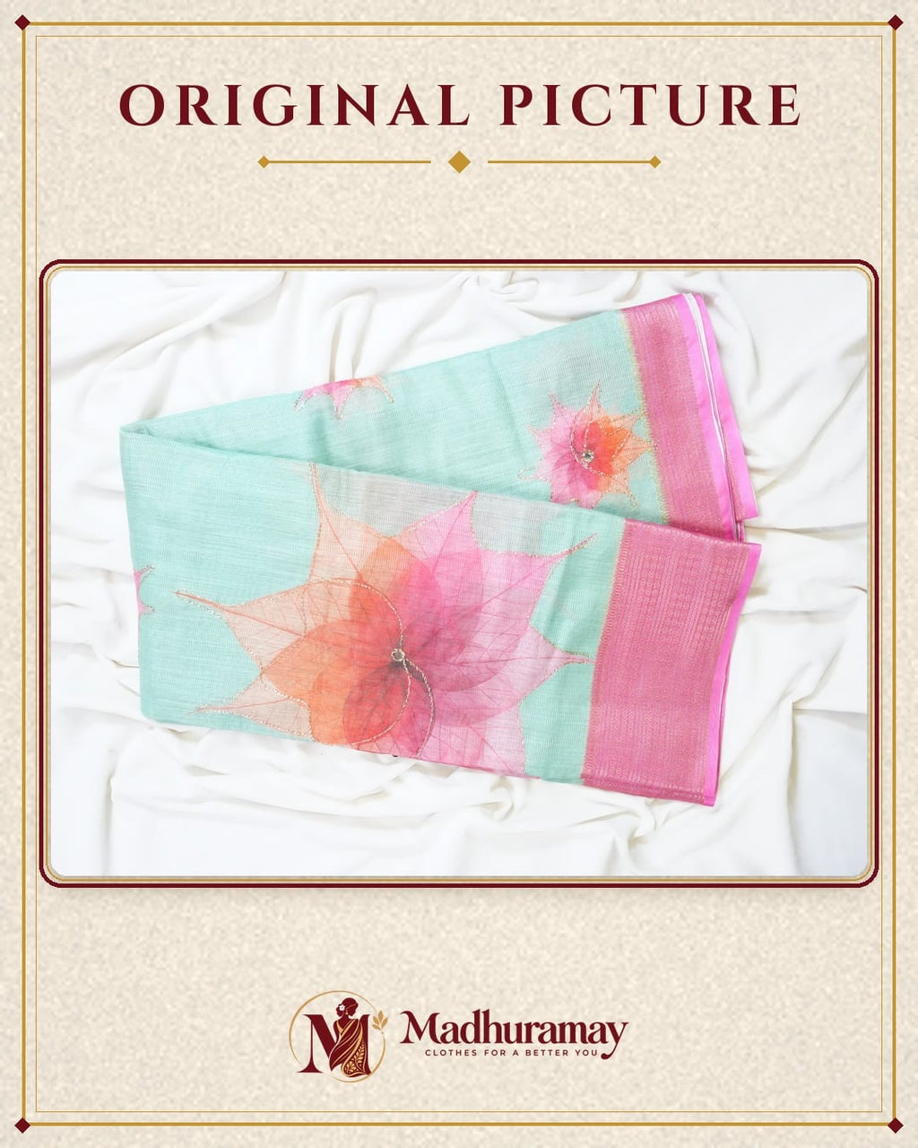 Ice Blue Golden Garden Festive Saree with Pink Border - image 2