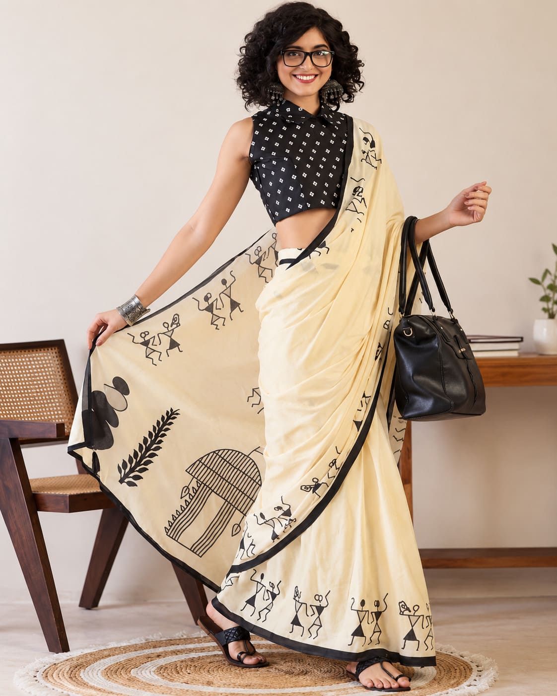 Ivory Warli Art Festive Saree with Black Border - image 1