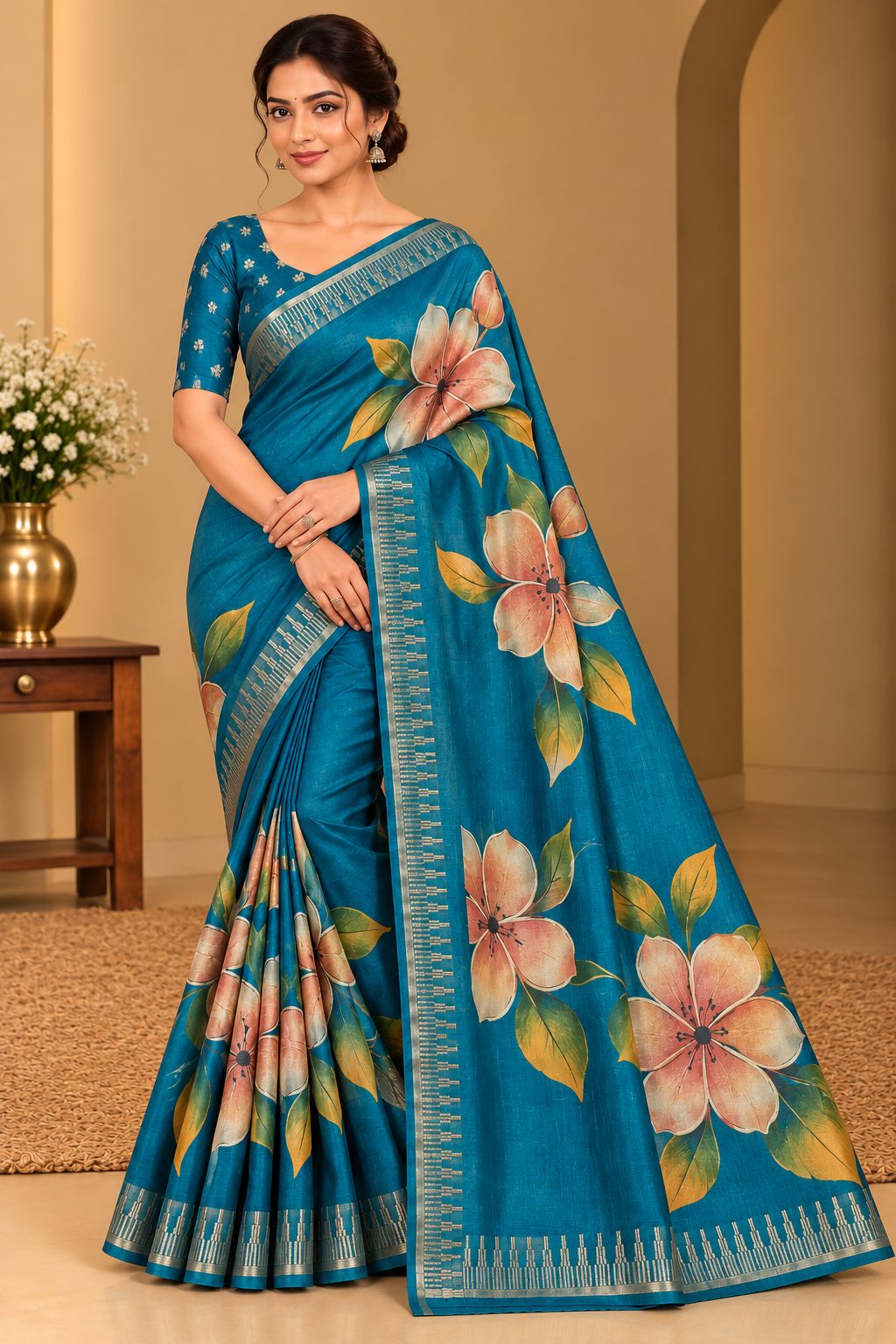 Teal Blue Festive Bloom Saree with Zari Border - image 6