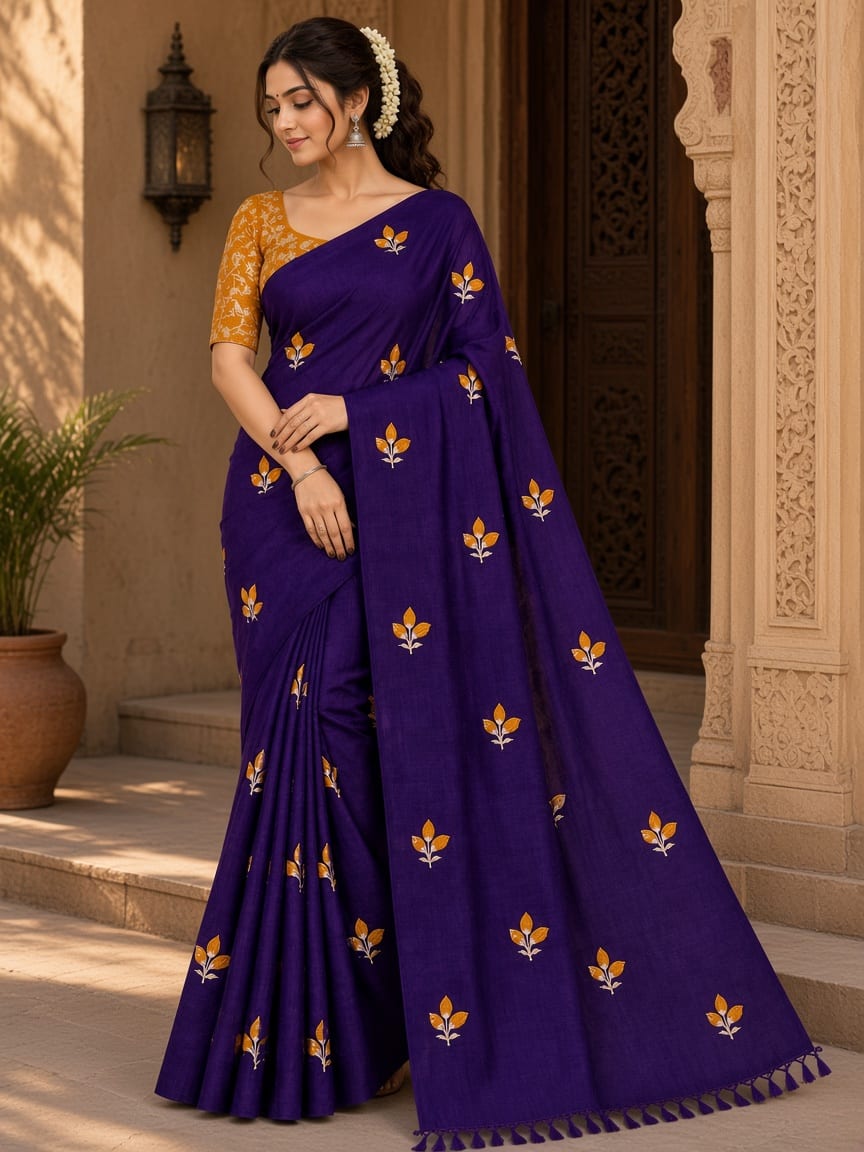 Royal Purple Rose Bud Embroidered Festive Saree with Mustard Blouse - image 3
