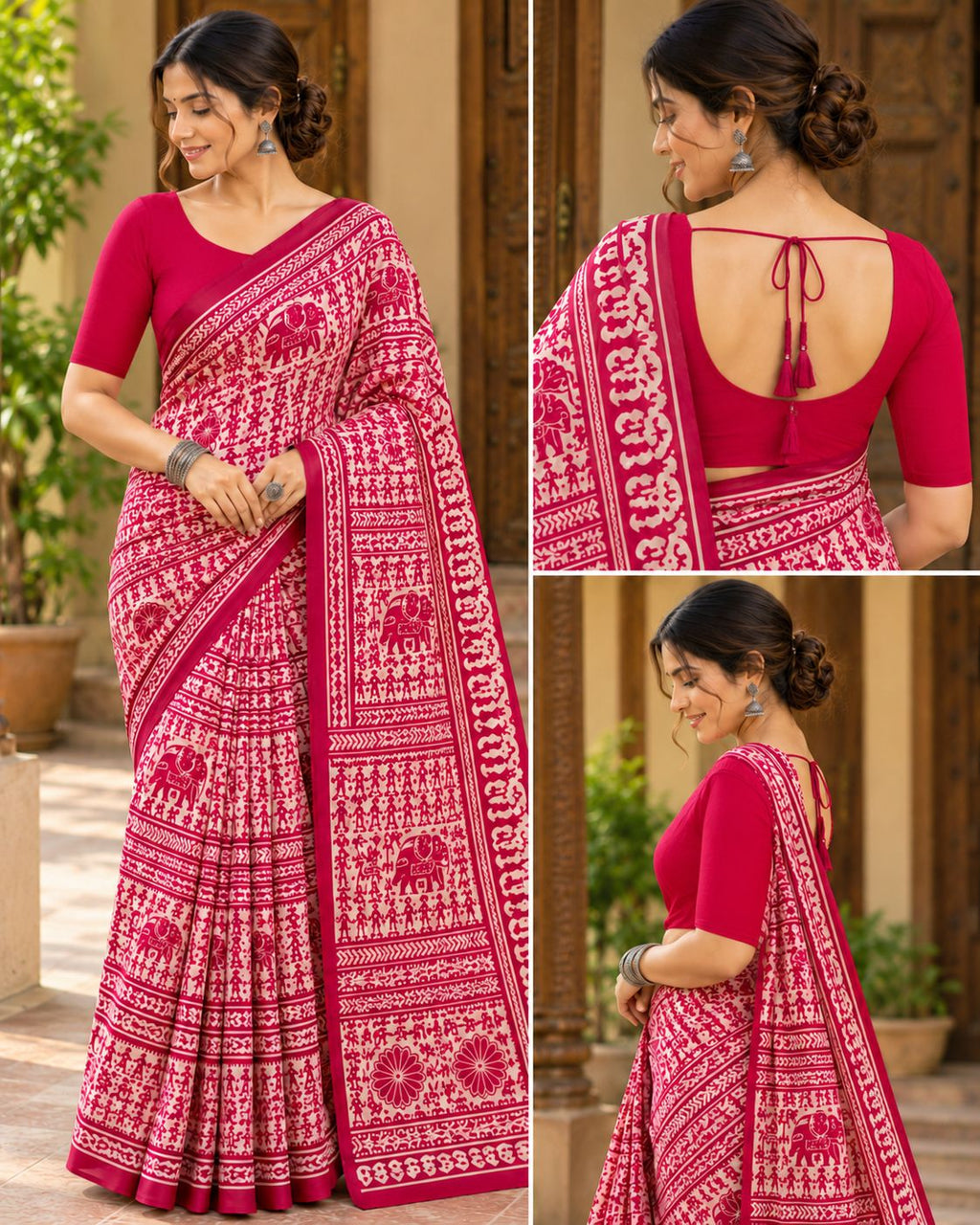 Pink & White Utsav Kalamkari Elephant Saree - image 7