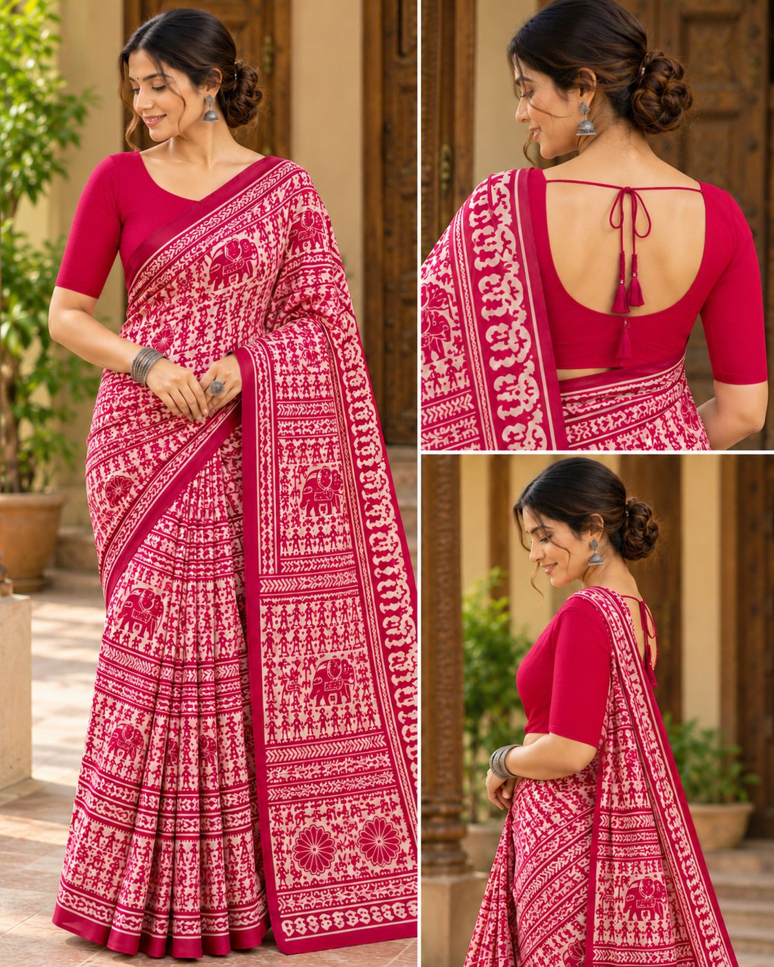 Pink & White Utsav Kalamkari Elephant Saree - image 7