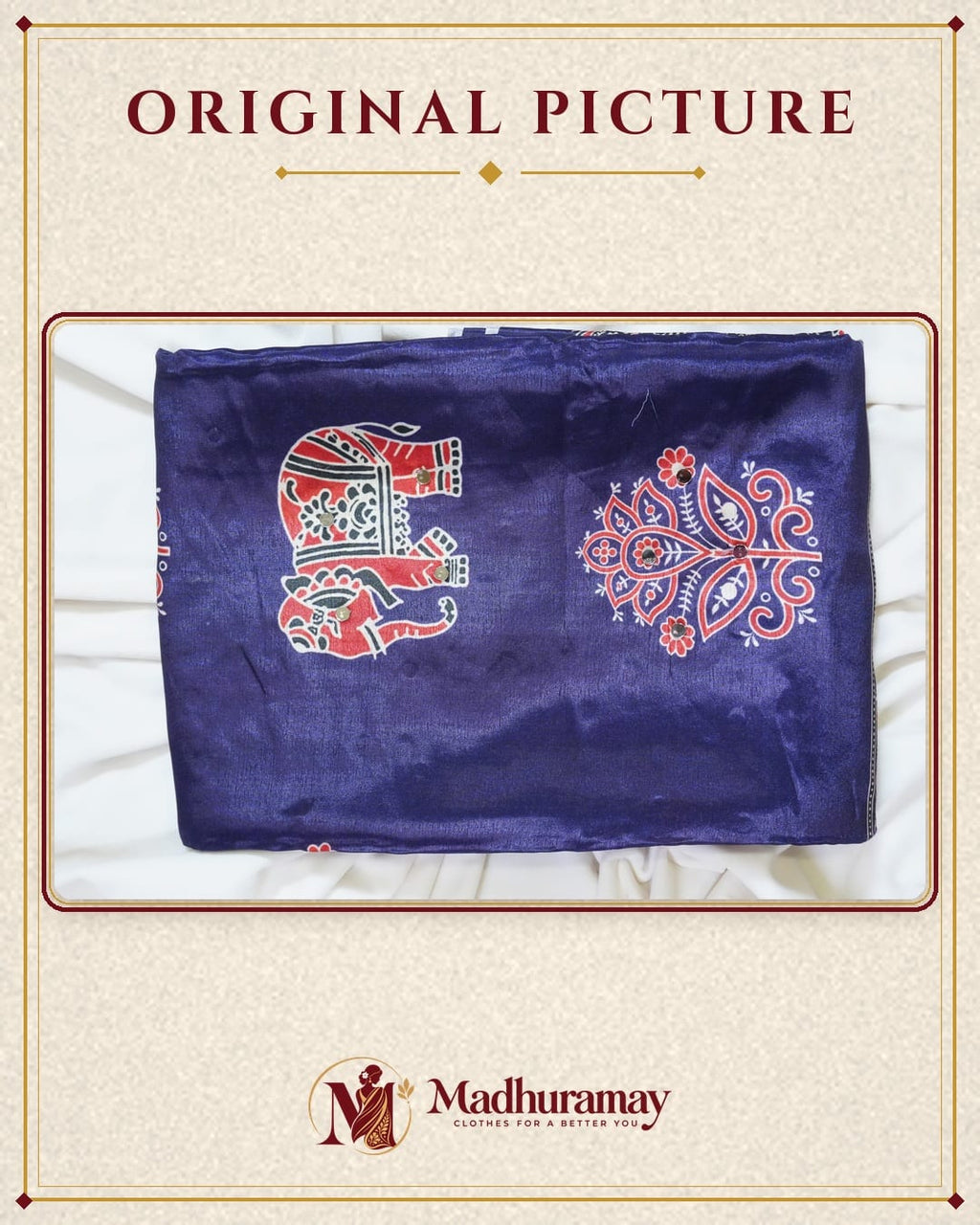 Semi-Ajrak Blue Printed Soft Silk Saree with Mirror Work & Unstitched Blouse - image 3