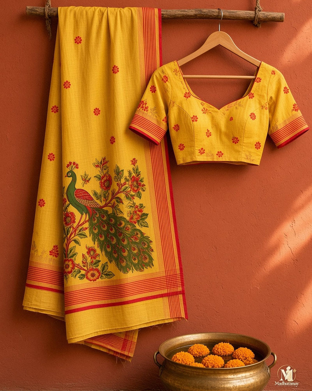 Mustard Yellow Peacock Pallu Festive Saree - image 2