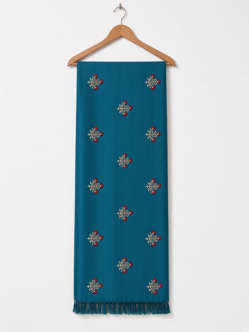 Royal Teal Blue Floral Bouquet Embroidered Festive Saree with Purple Embroidered Blouse - image 3