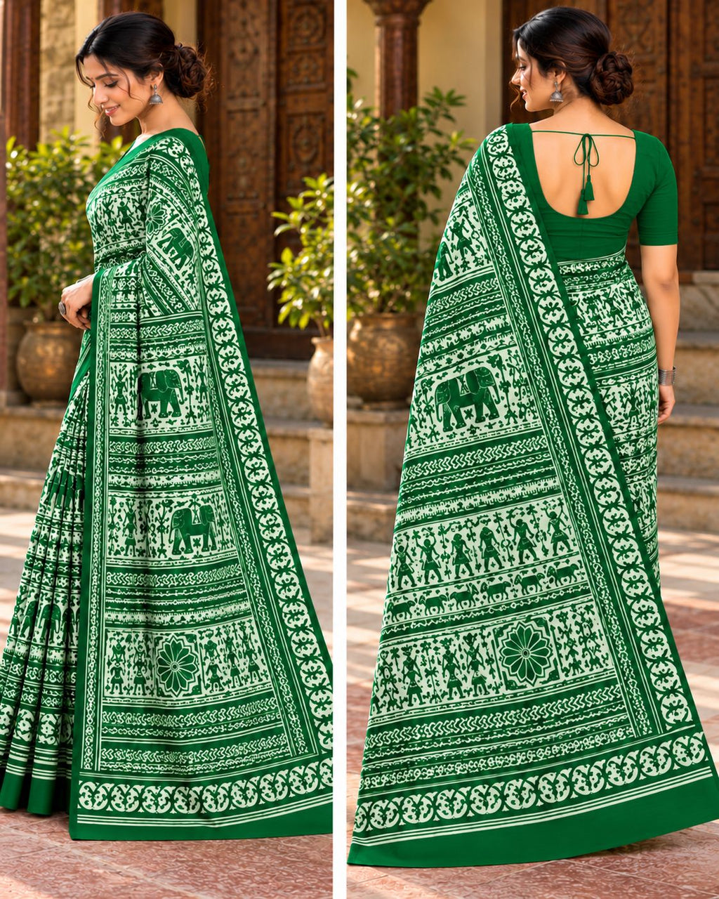 Light Green & White Utsav Kalamkari Elephant Saree - image 7