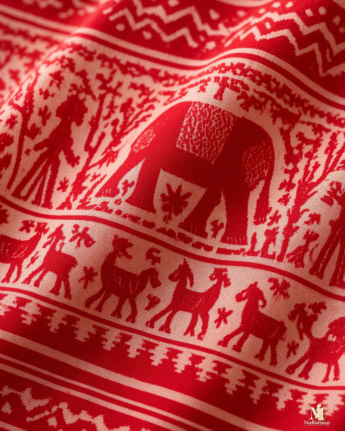Red & White Utsav Kalamkari Elephant Saree - image 4