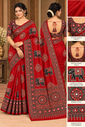 Semi-Ajrak Maroon Printed Soft Silk Saree with Mirror Work & Unstitched Blouse - image 1