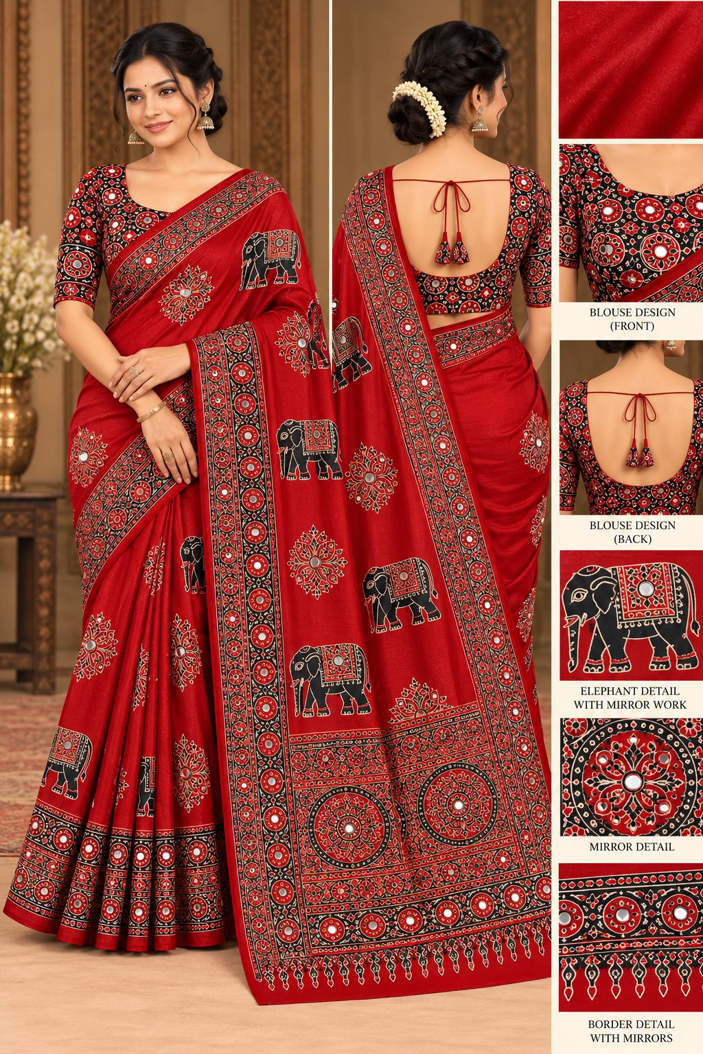 Semi-Ajrak Maroon Printed Soft Silk Saree with Mirror Work & Unstitched Blouse - image 1