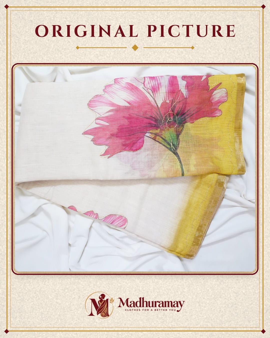 Floral Linen Cotton Festive Saree with Gold Thread Work - image 3