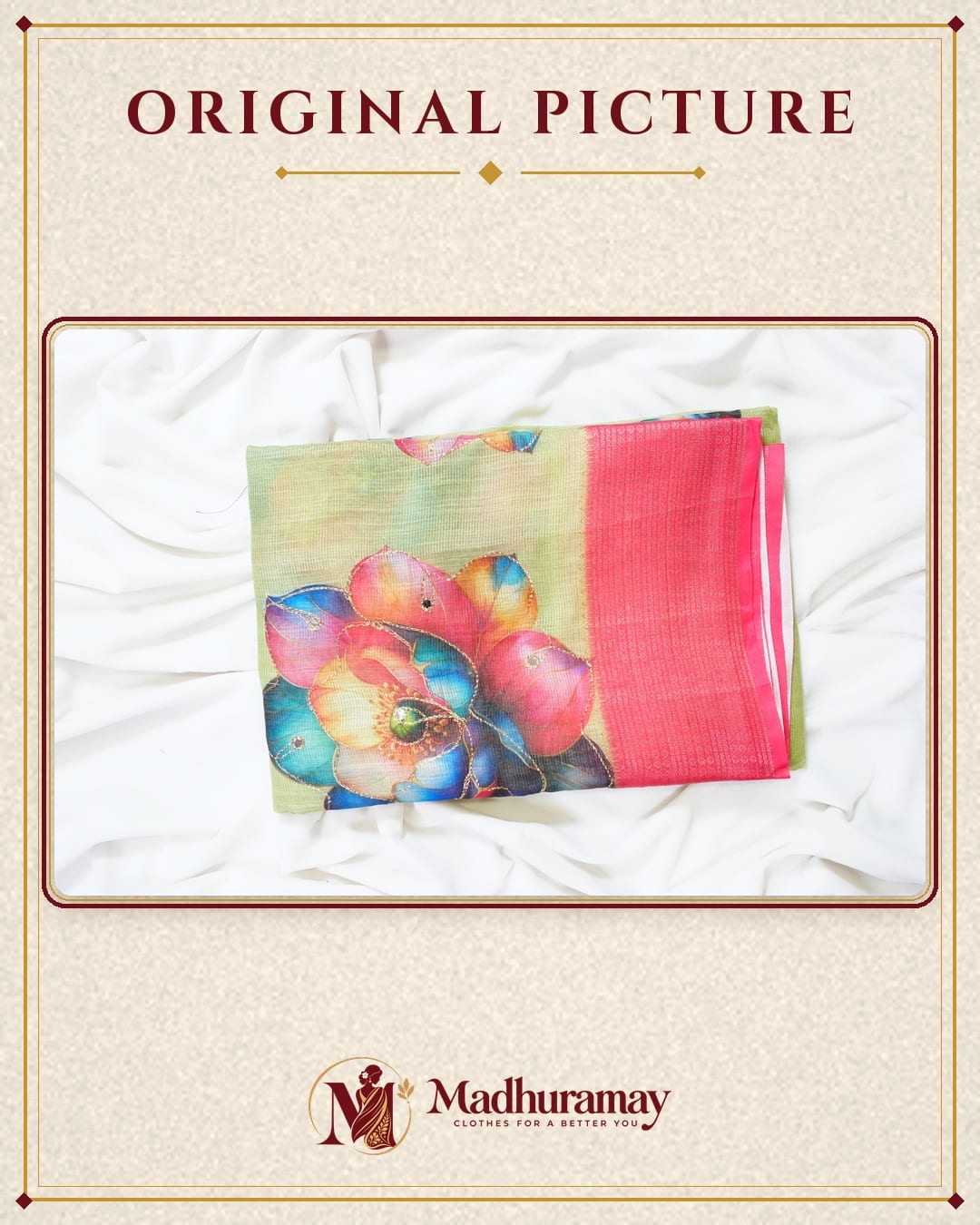 Leaf Green Golden Garden Festive Saree with Coral Border - image 2