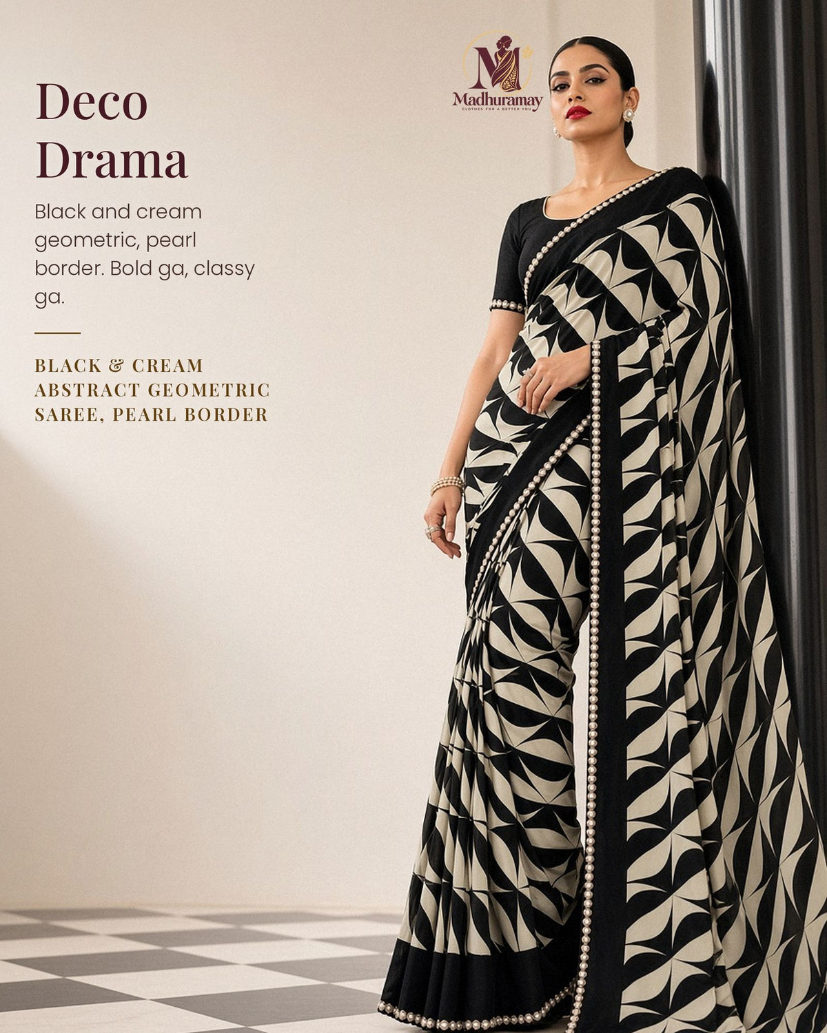 Black & Cream Abstract Evening Party Saree with Pearl-Style Border - image 1