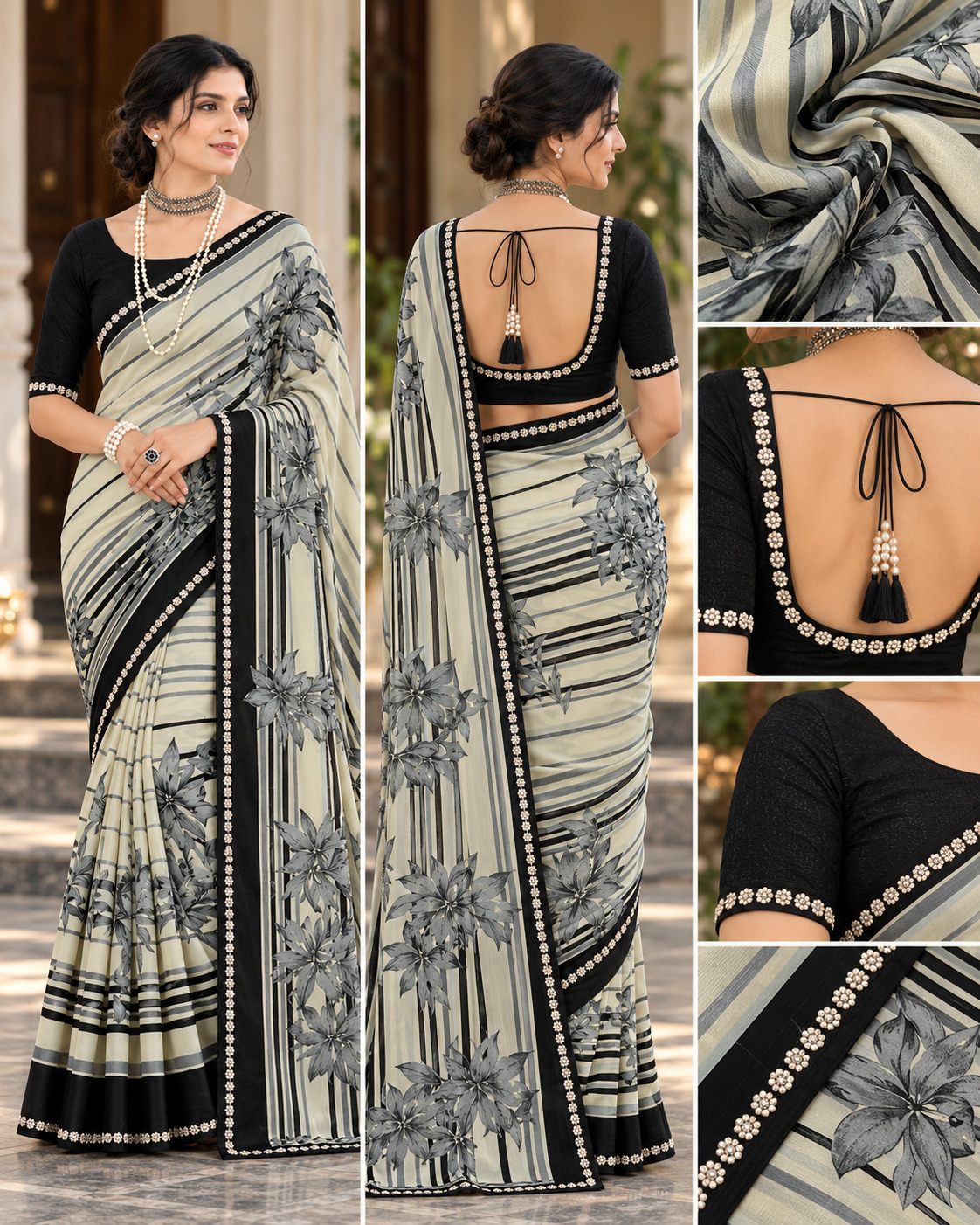 Cream & Black Floral Evening Party Saree - image 7