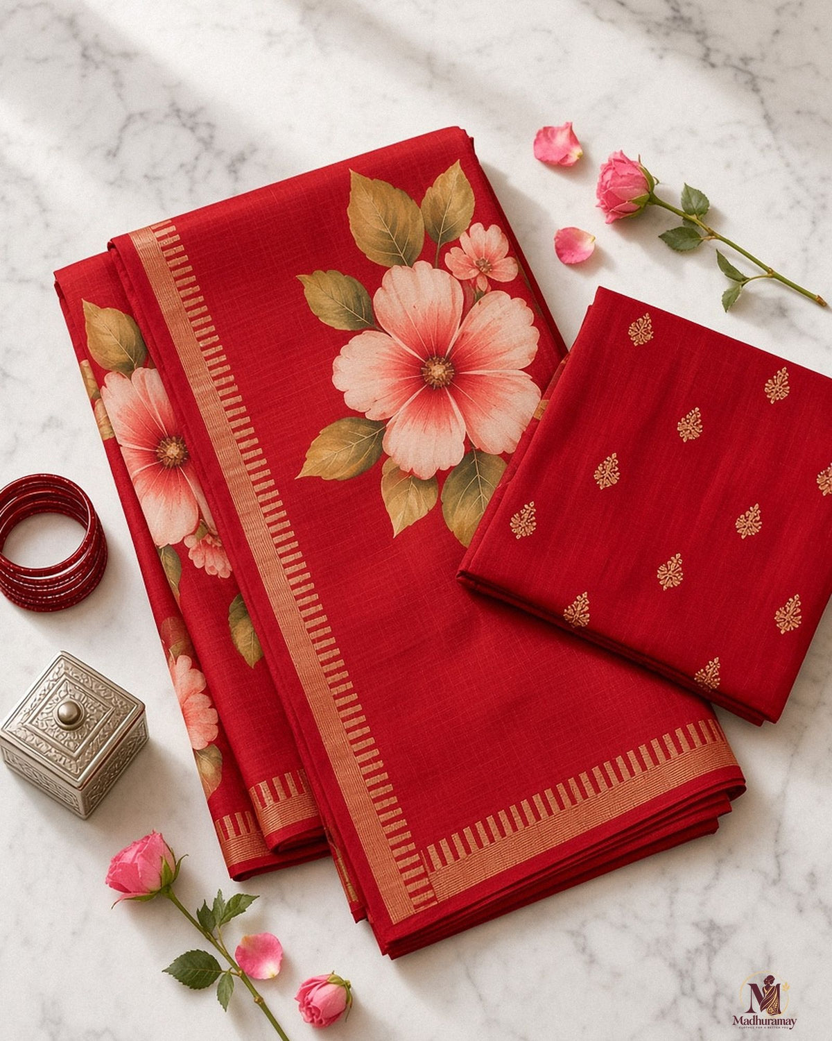 Cherry Red Festive Bloom Saree with Zari Border - image 3
