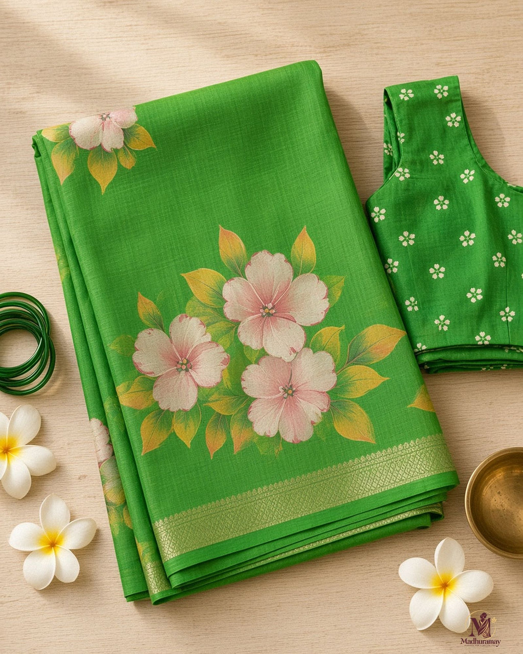 Green Festive Bloom Saree with Zari Border - image 3