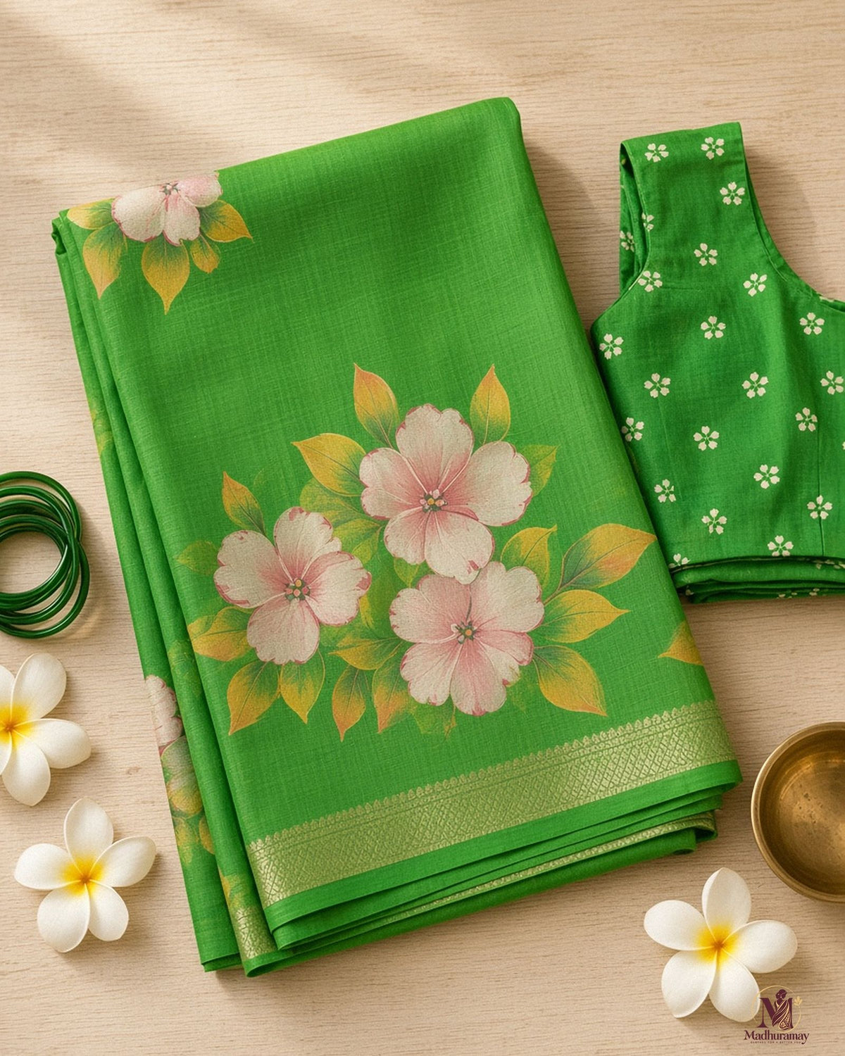 Green Festive Bloom Saree with Zari Border - image 3