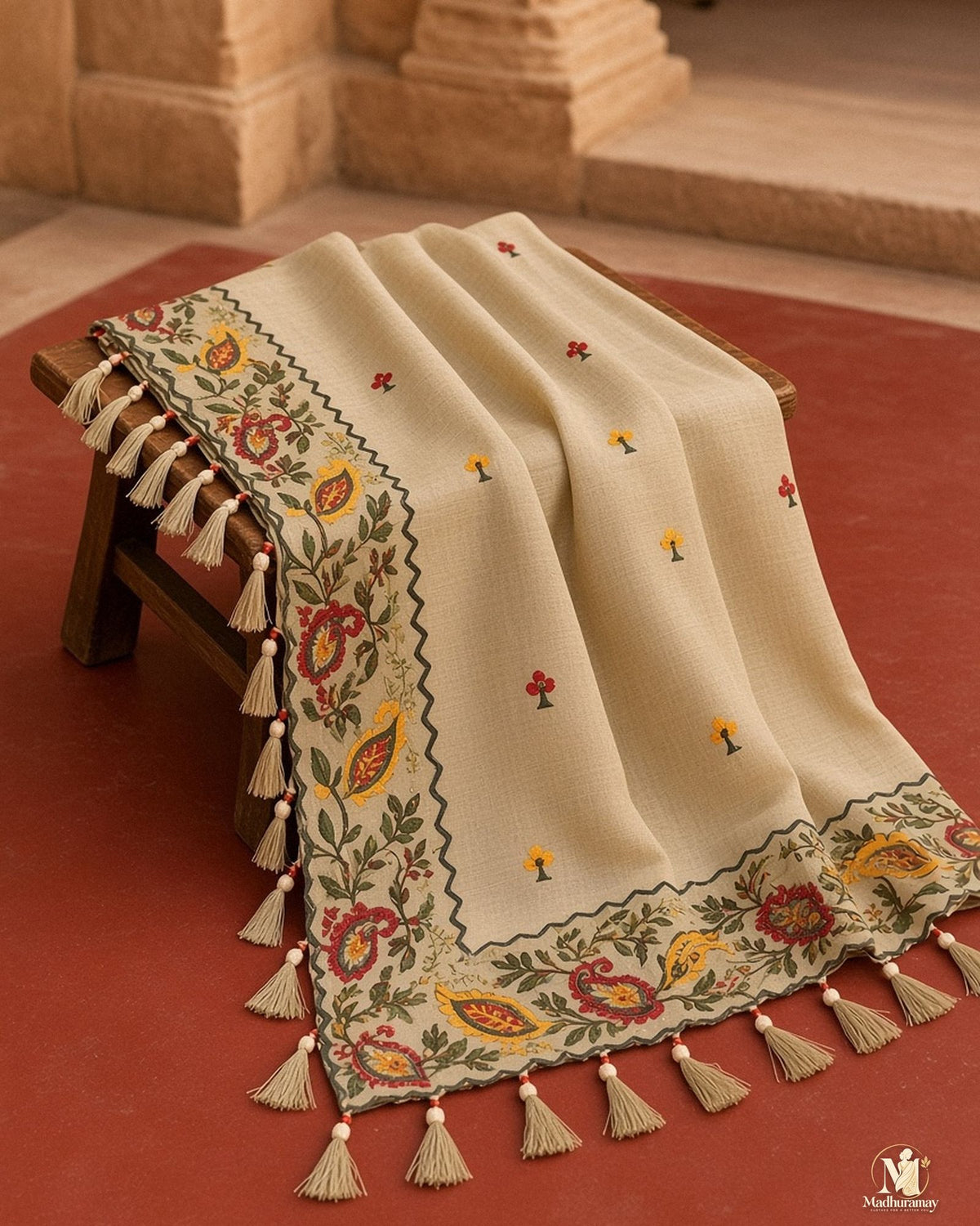 Beige Celebration Blossom Saree with Maroon Blouse - image 5