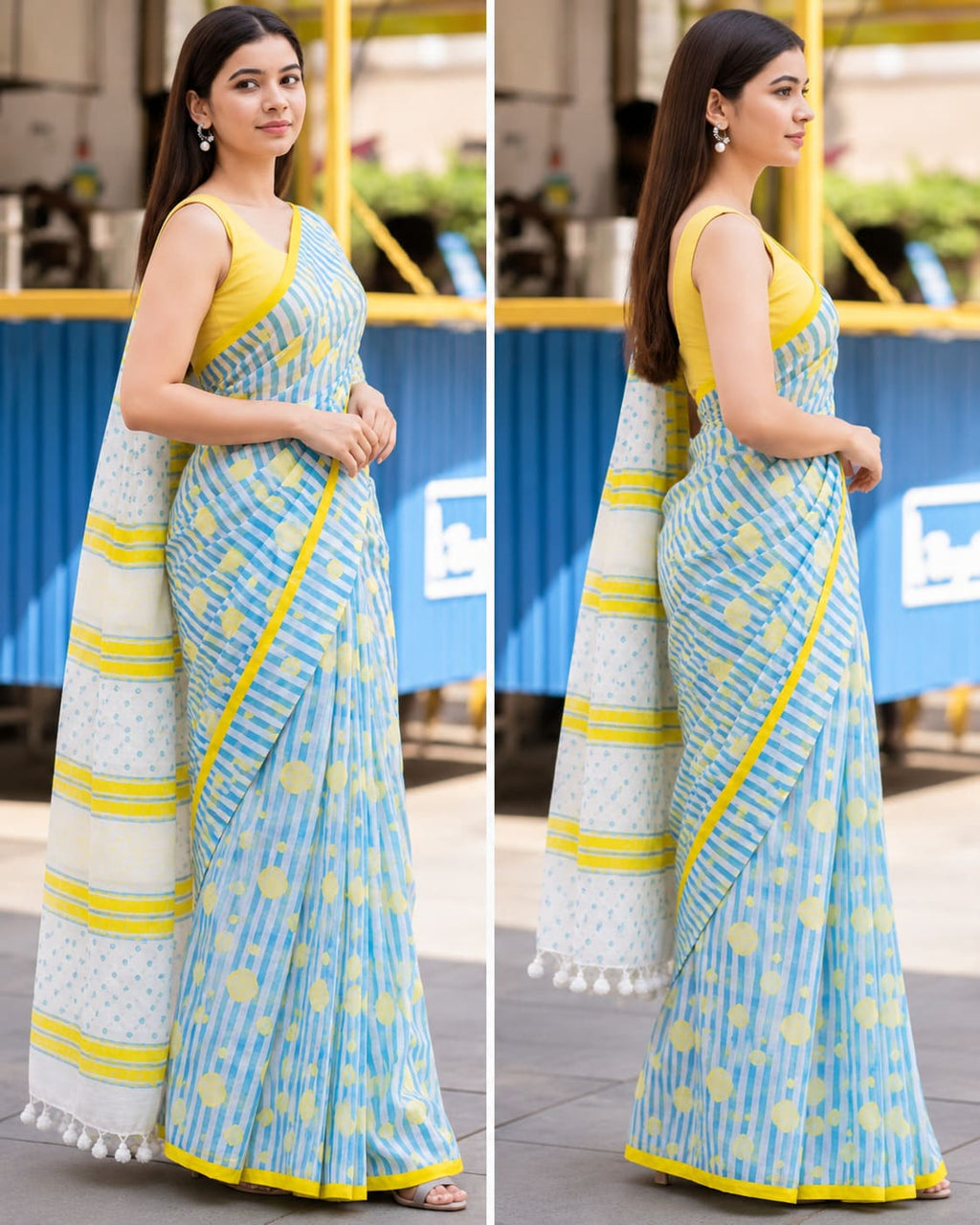 Sky Blue Stripes & Polka Dot Festive Day Saree - image 7