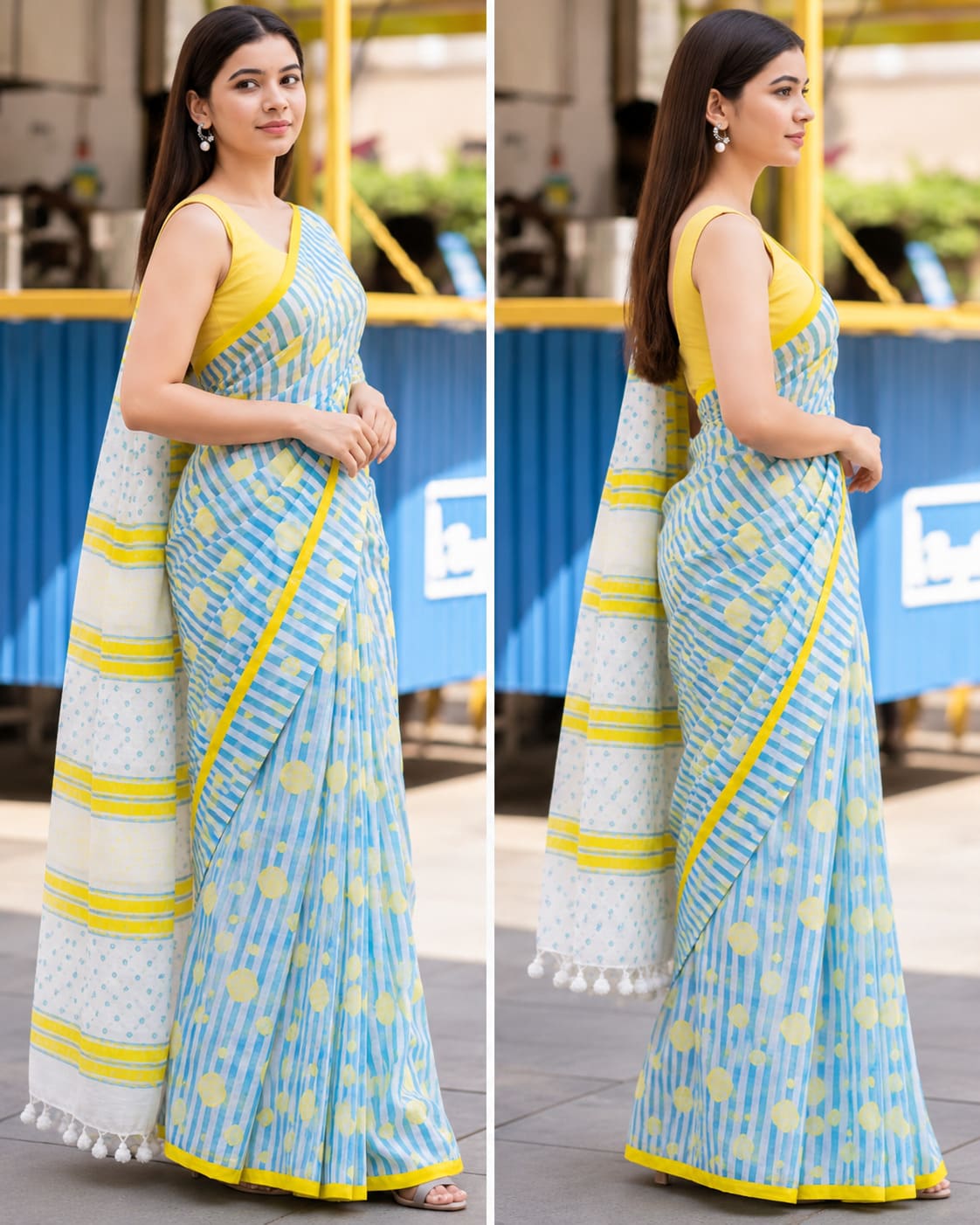 Sky Blue Stripes & Polka Dot Festive Day Saree - image 7