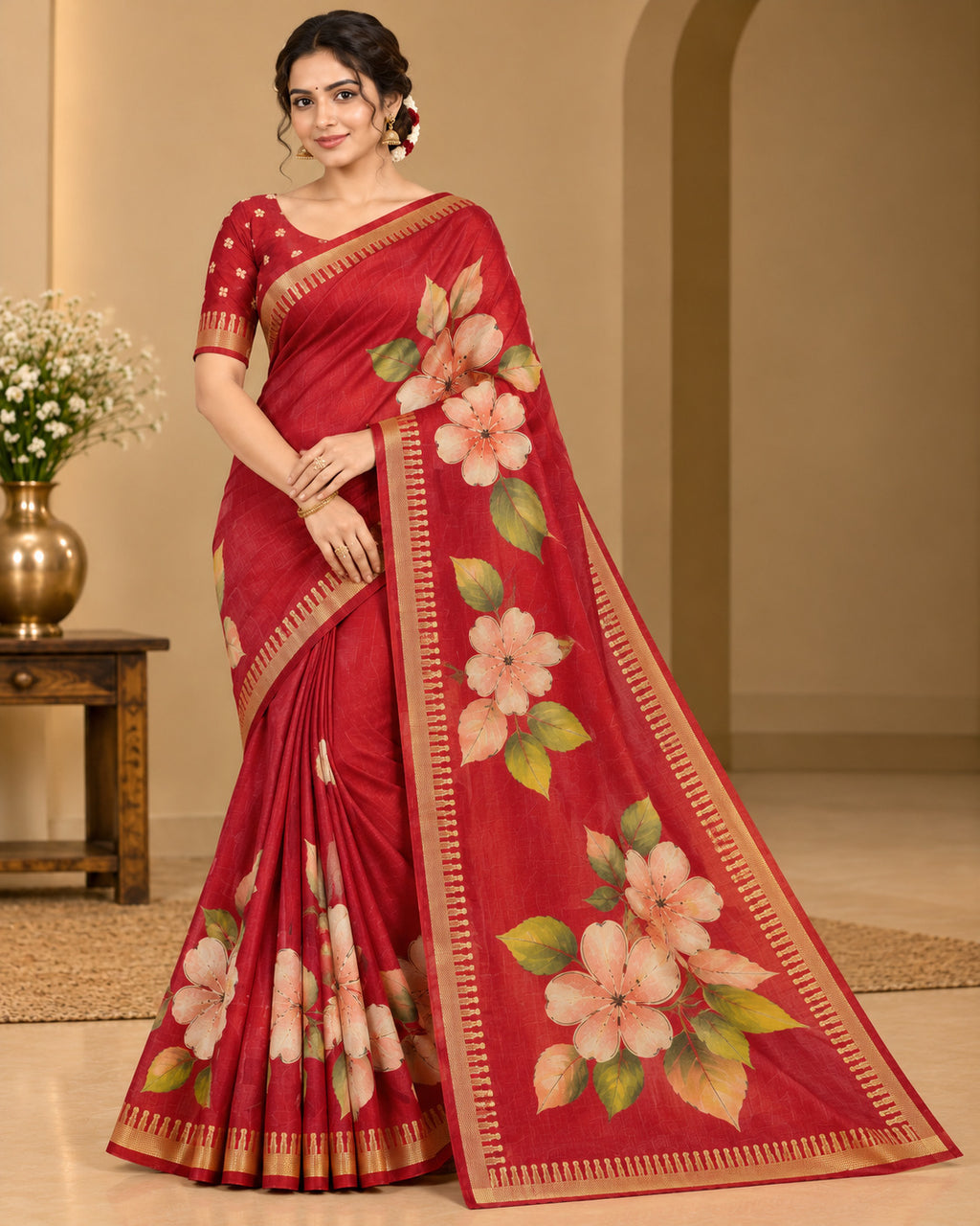 Cherry Red Festive Bloom Saree with Zari Border - image 9