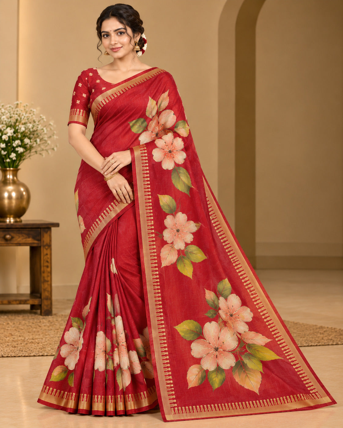 Cherry Red Festive Bloom Saree with Zari Border - image 9