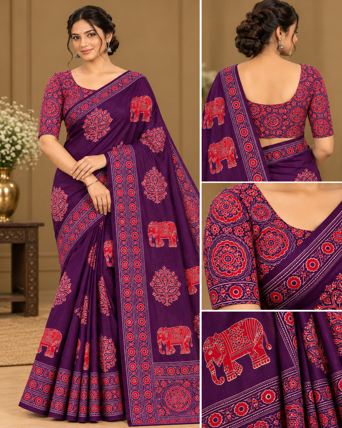 Semi-Ajrak Purple Printed Soft Silk Saree with Unstitched Blouse - image 2