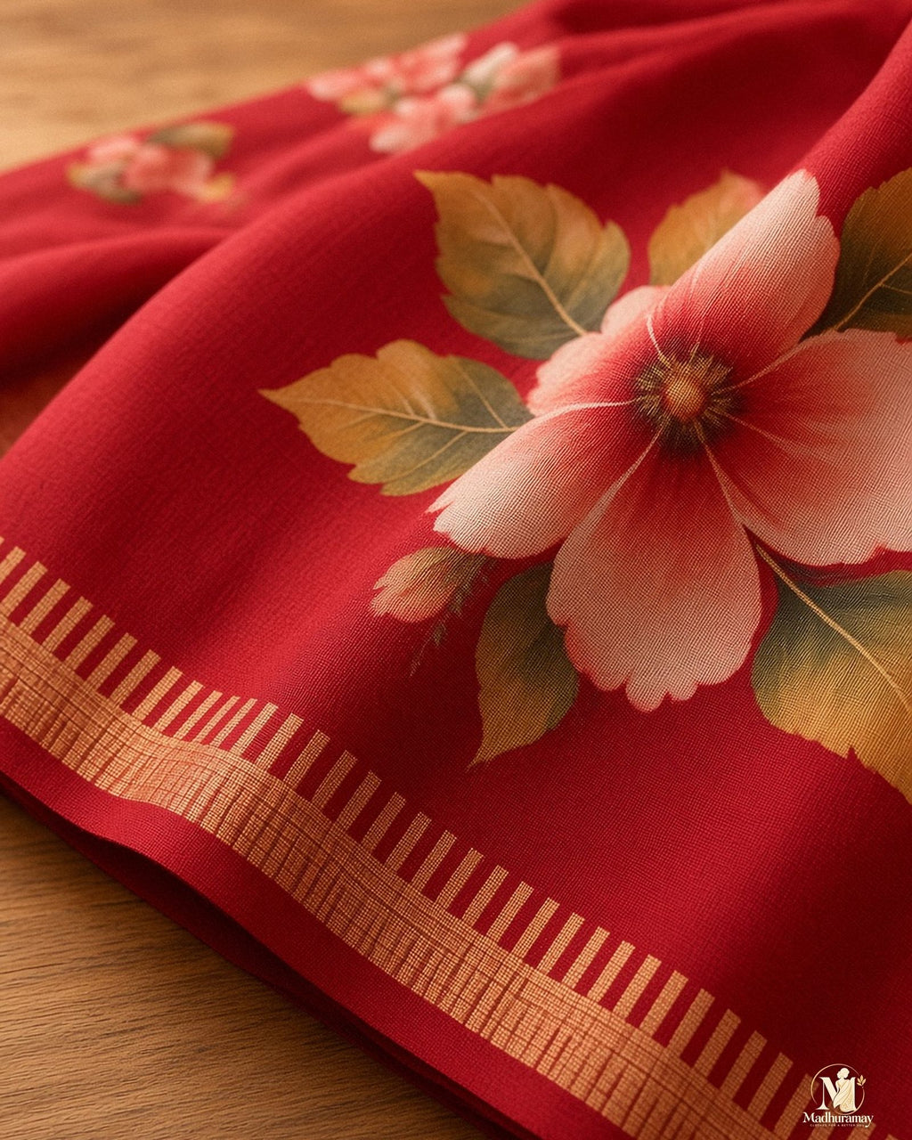 Cherry Red Festive Bloom Saree with Zari Border - image 4