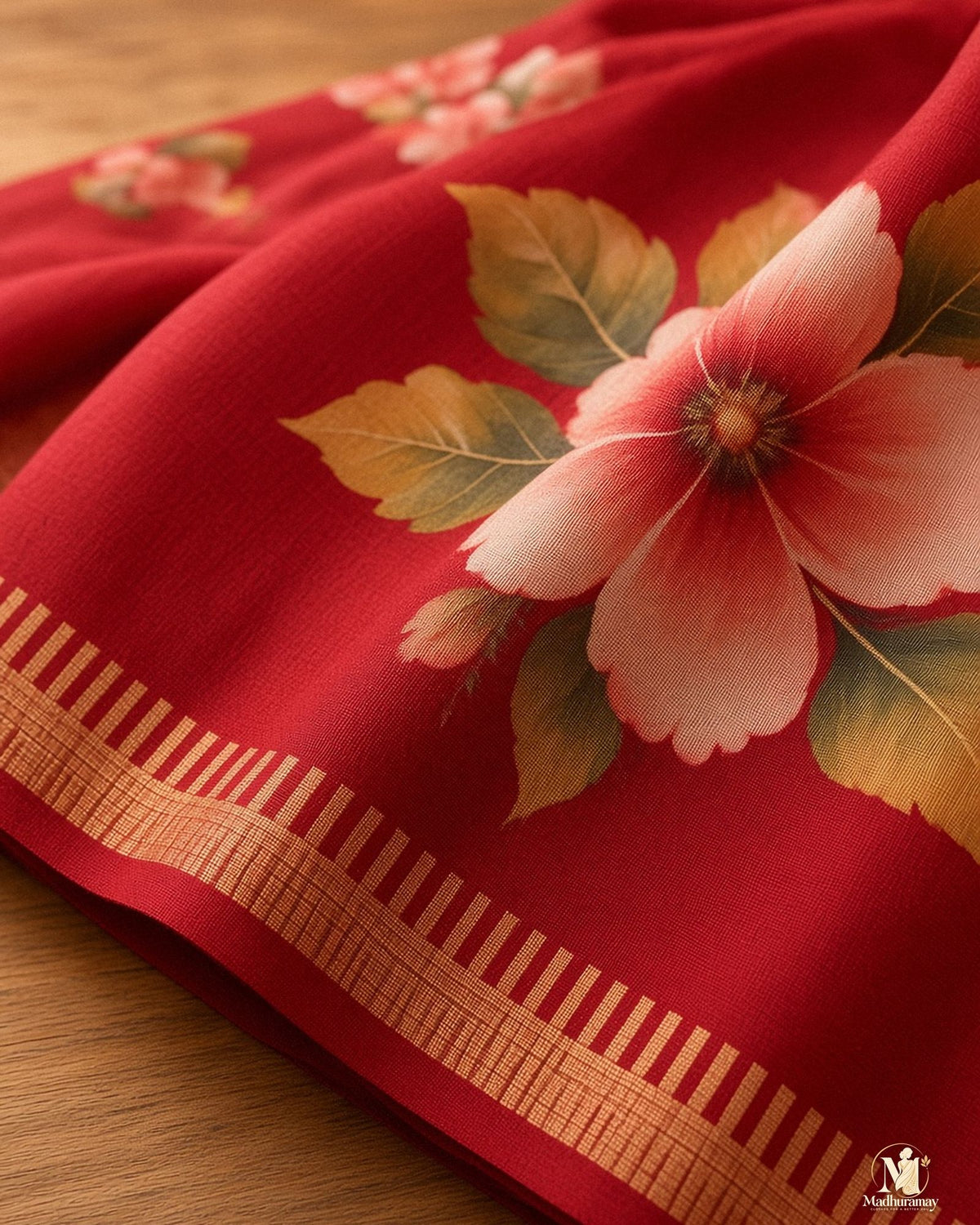 Cherry Red Festive Bloom Saree with Zari Border - image 4