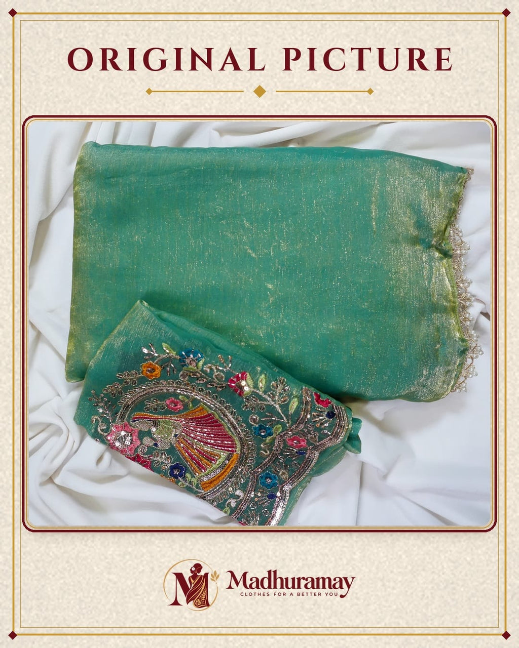 Emerald Green Golden Border Party Glam Saree with Embroidered Blouse - image 3