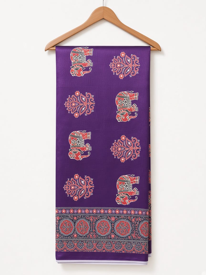 Semi-Ajrak Purple Printed Soft Silk Saree with Mirror Work & Unstitched Blouse - image 4