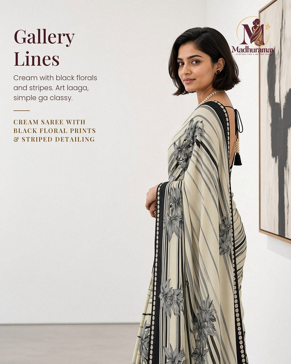 Cream & Black Floral Evening Party Saree - image 1