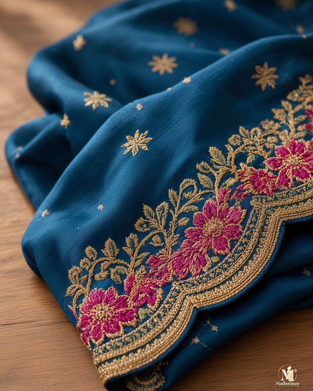 Teal Blue Golden Embroidery Evening Party Saree with Pink Floral Border - image 4