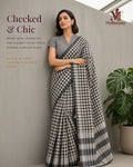Black & Grey Classic Check Saree with Striped Pallu - image 1