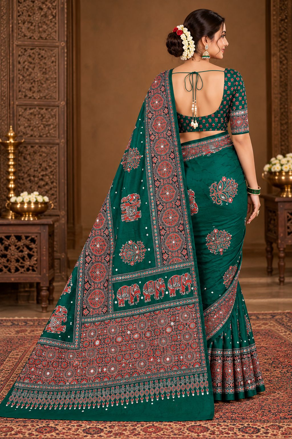Semi-Ajrak Green Printed Soft Silk Saree with Mirror Work & Unstitched Blouse - image 2