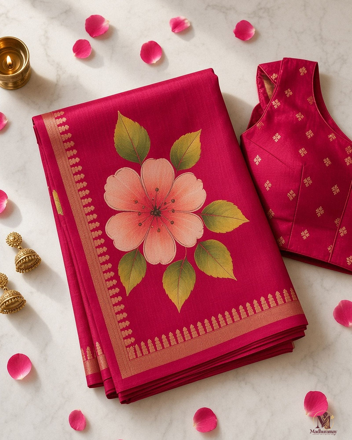 Magenta Pink Festive Bloom Saree with Zari Border - image 3