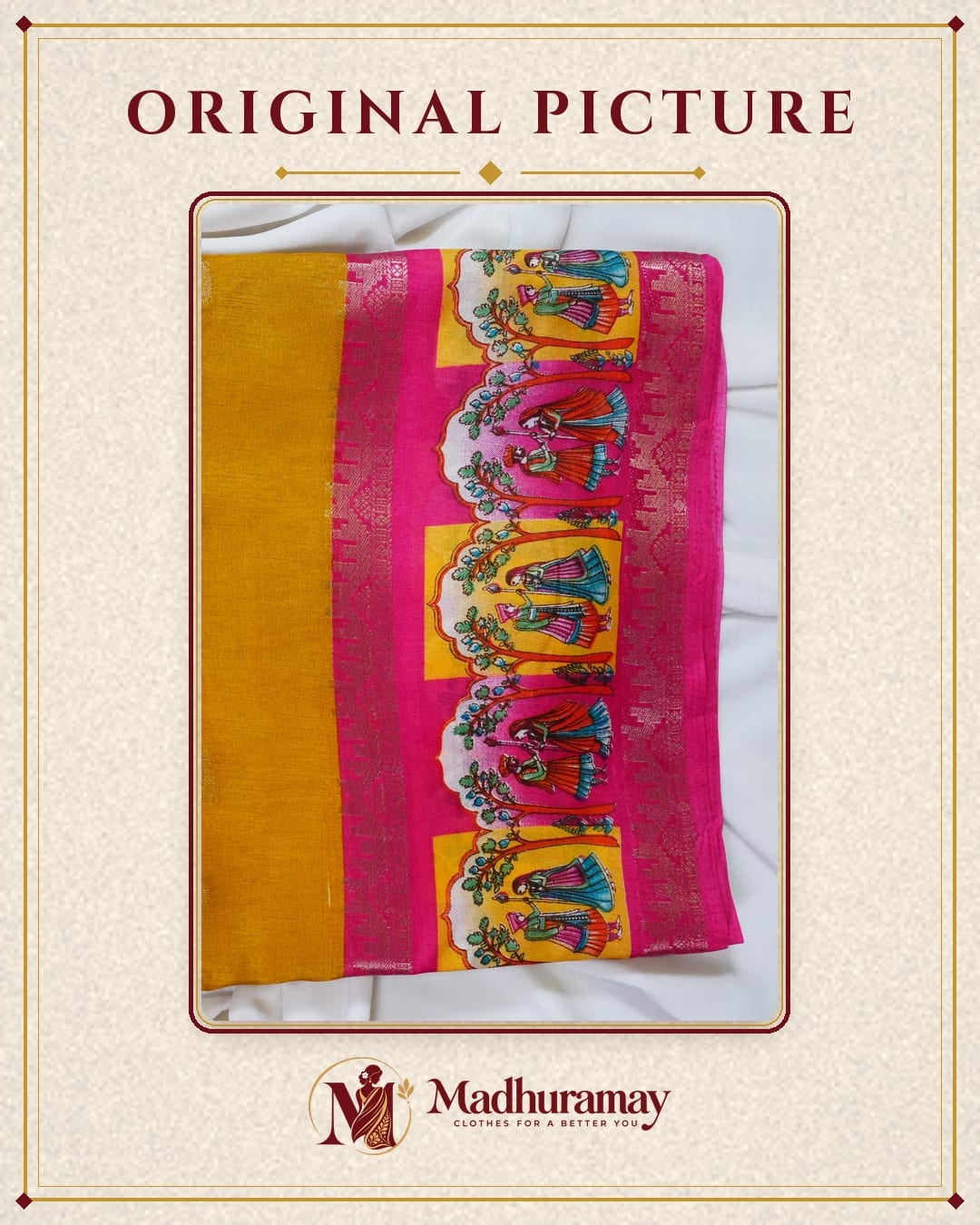 Mustard Yellow & Magenta Folk Art Border Festive Saree - image 2