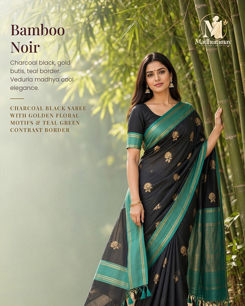 Charcoal Black & Teal Golden Heritage Festive Saree - image 1