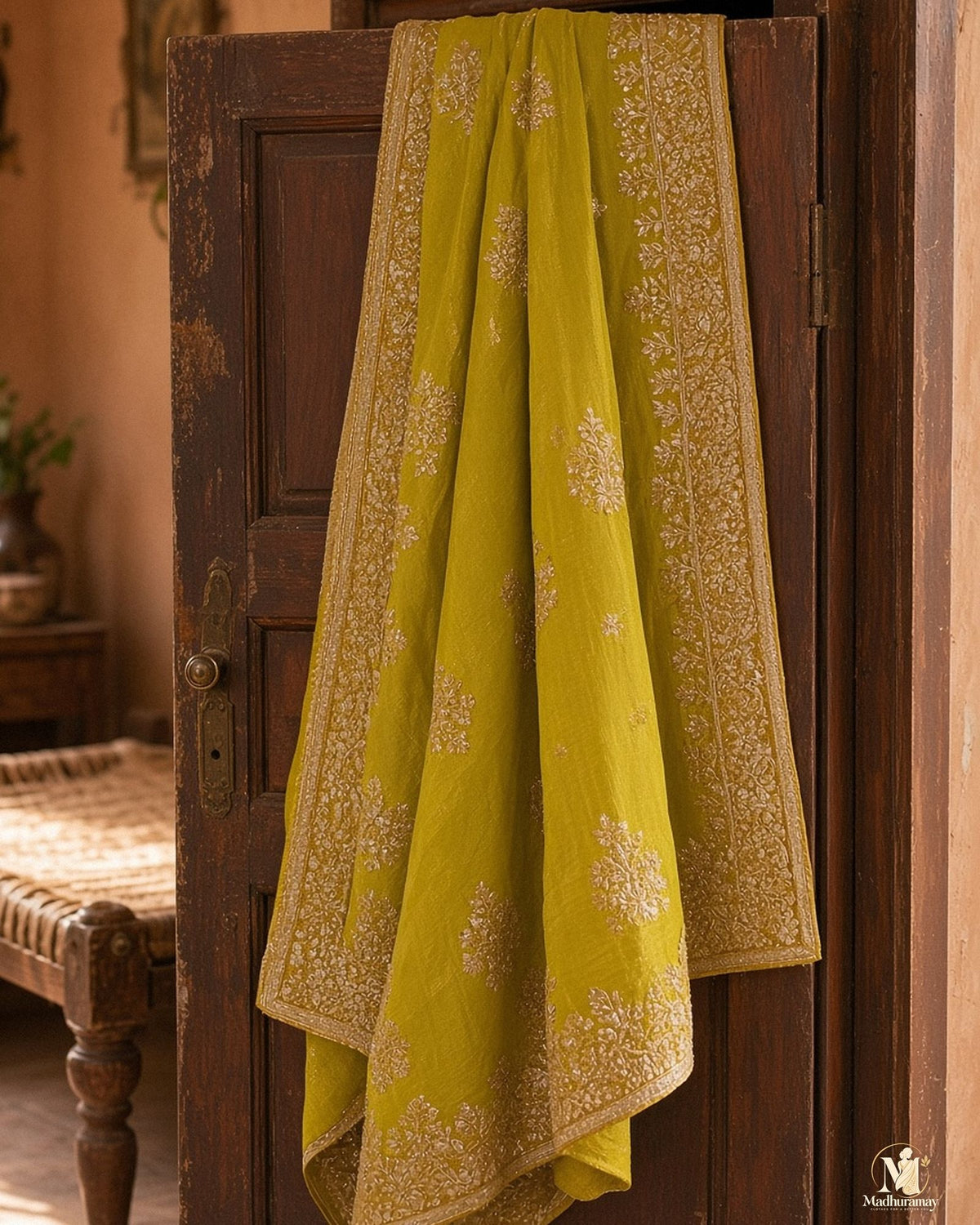 Lime Green Golden Embroidery Party Glam Saree with Purple Blouse - image 5