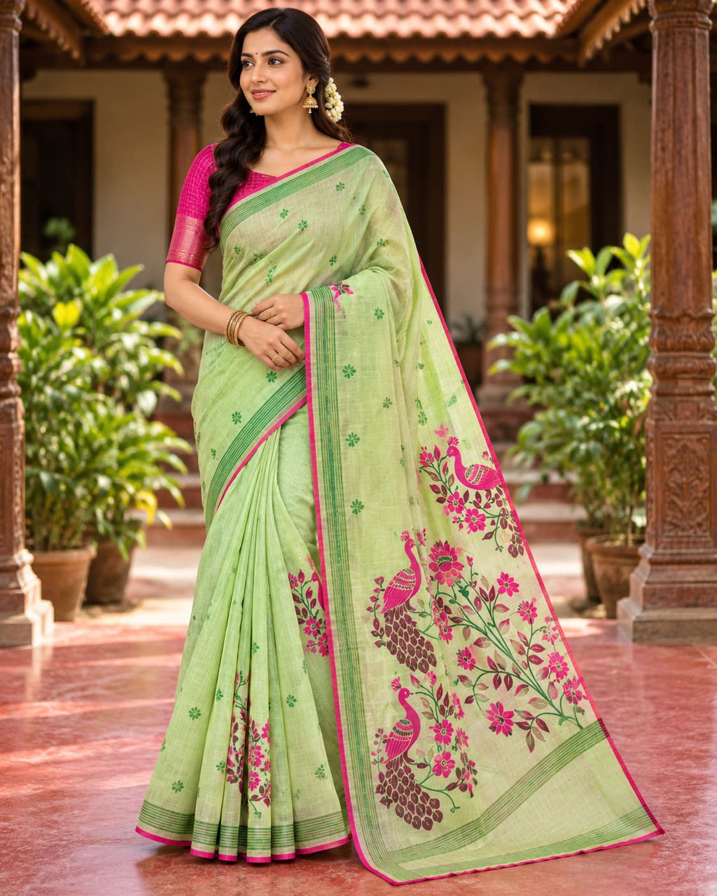 Pistachio Green Peacock Pallu Festive Saree - image 6
