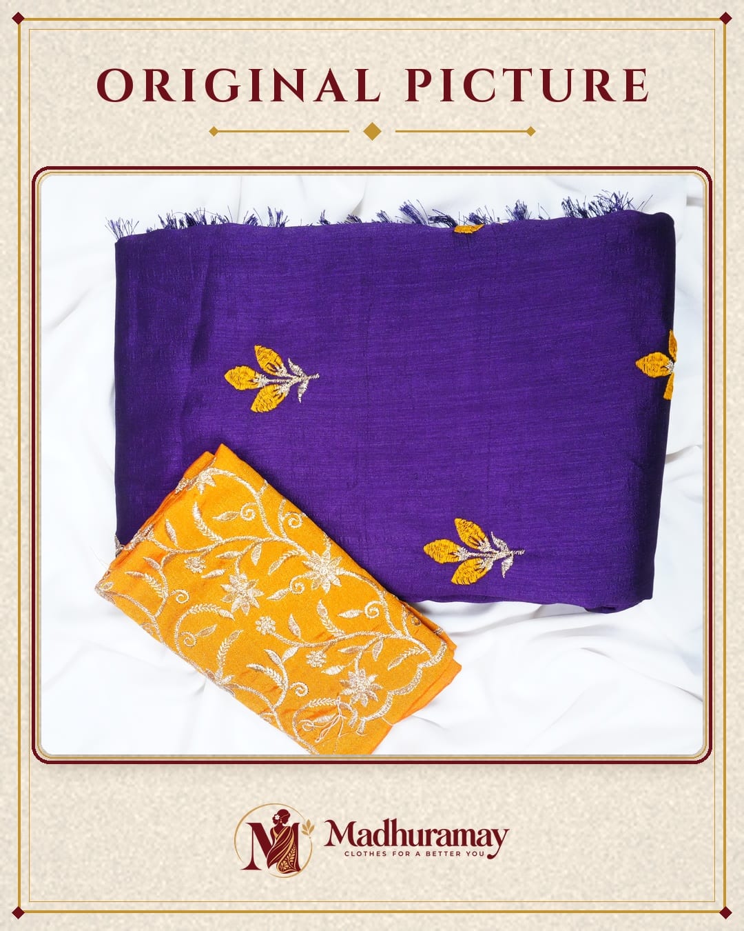 Royal Purple Rose Bud Embroidered Festive Saree with Mustard Blouse - image 2