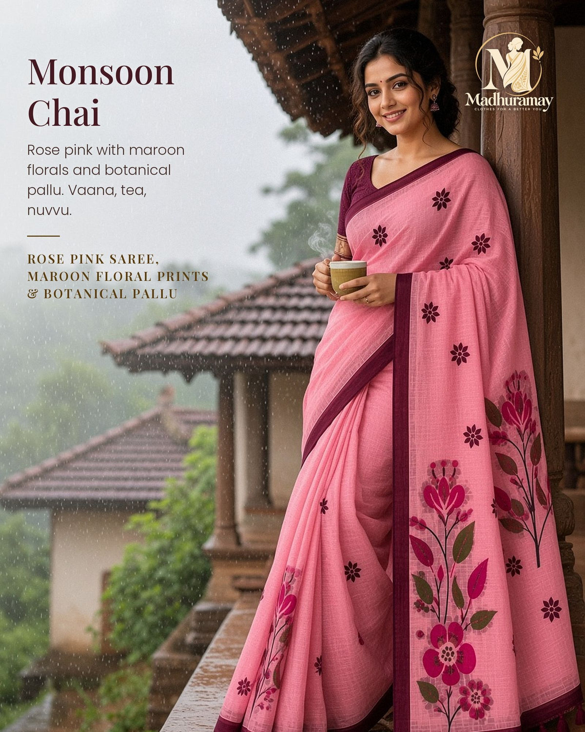 Rose Pink Botanical Pallu Festive Saree - image 1