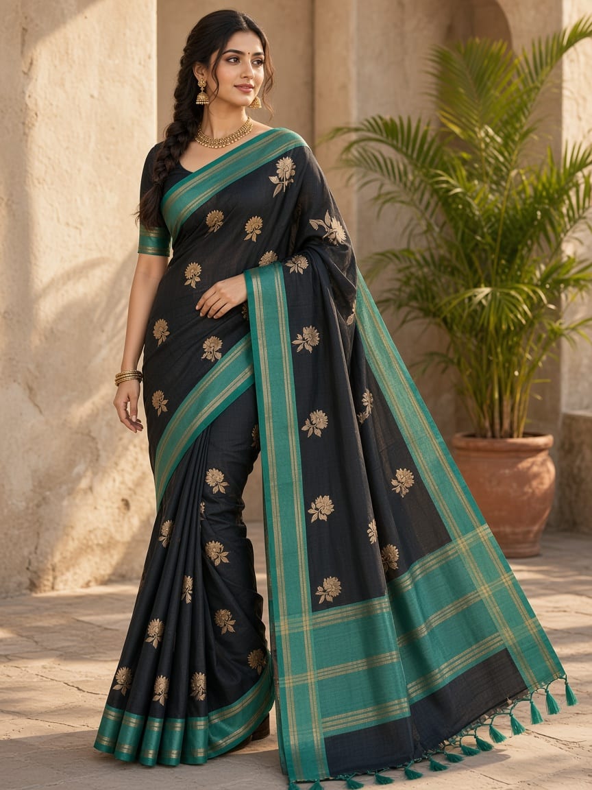 Charcoal Black & Teal Golden Heritage Festive Saree - image 3