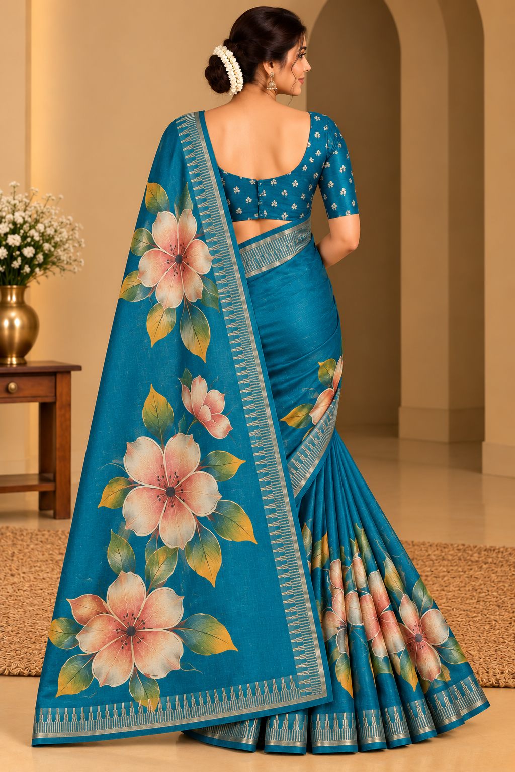 Teal Blue Festive Bloom Saree with Zari Border - image 7