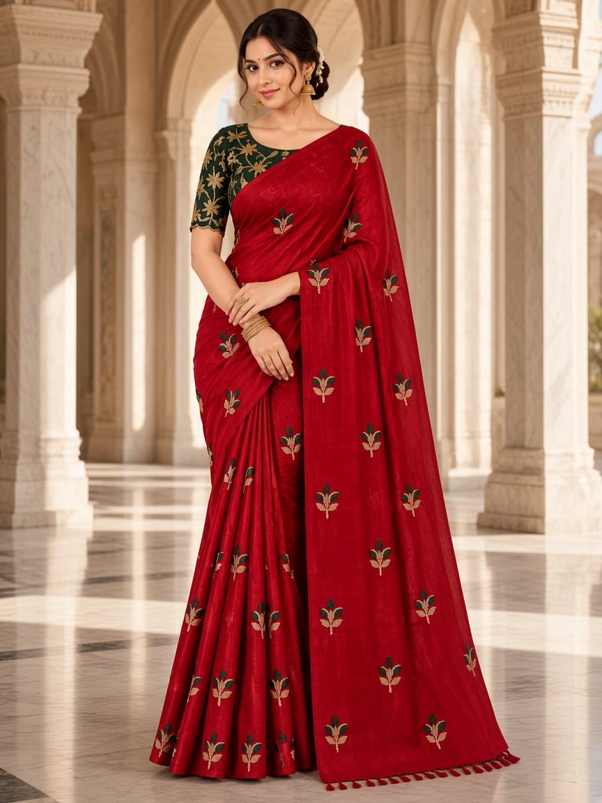 Royal Red Rose Bud Embroidered Festive Saree with Emerald Embroidered Blouse - image 3