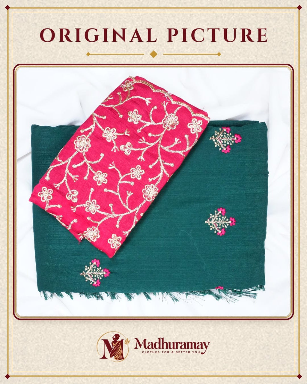 Royal Green Floral Bouquet Embroidered Festive Saree with Maroon Blouse - image 3