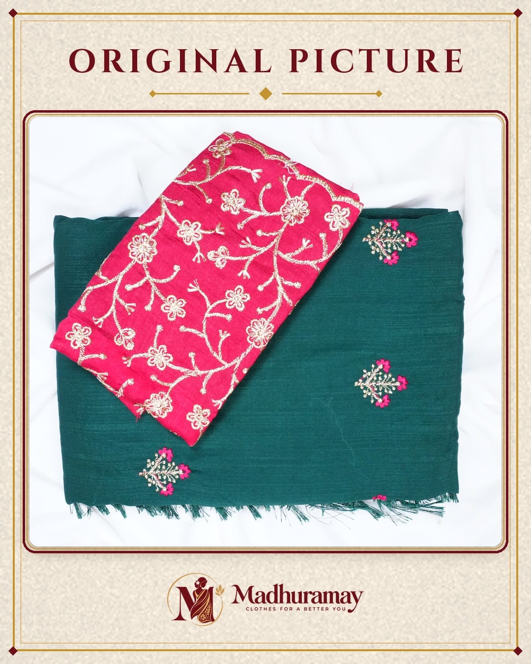 Royal Green Floral Bouquet Embroidered Festive Saree with Maroon Blouse - image 3