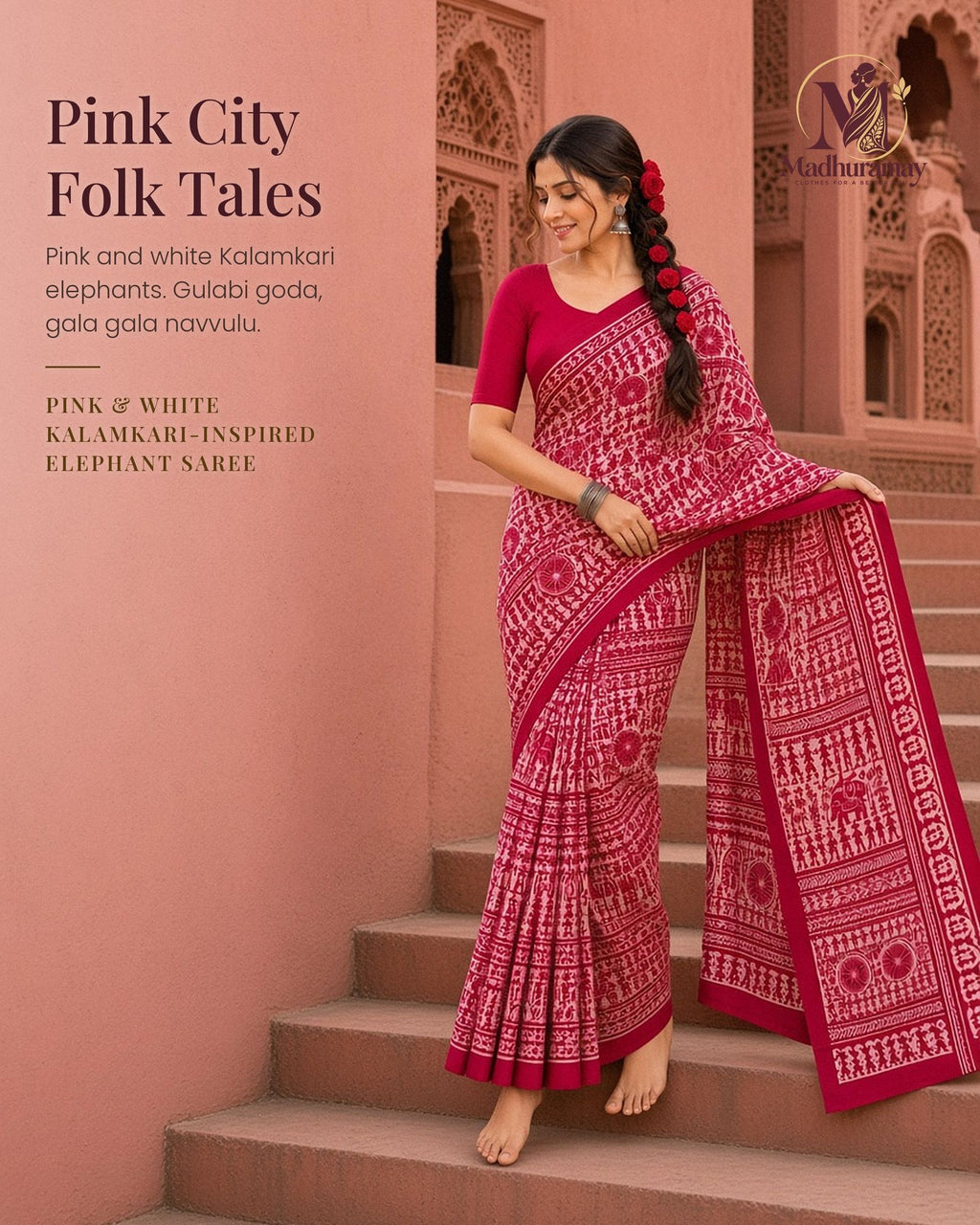 Pink & White Utsav Kalamkari Elephant Saree - image 1
