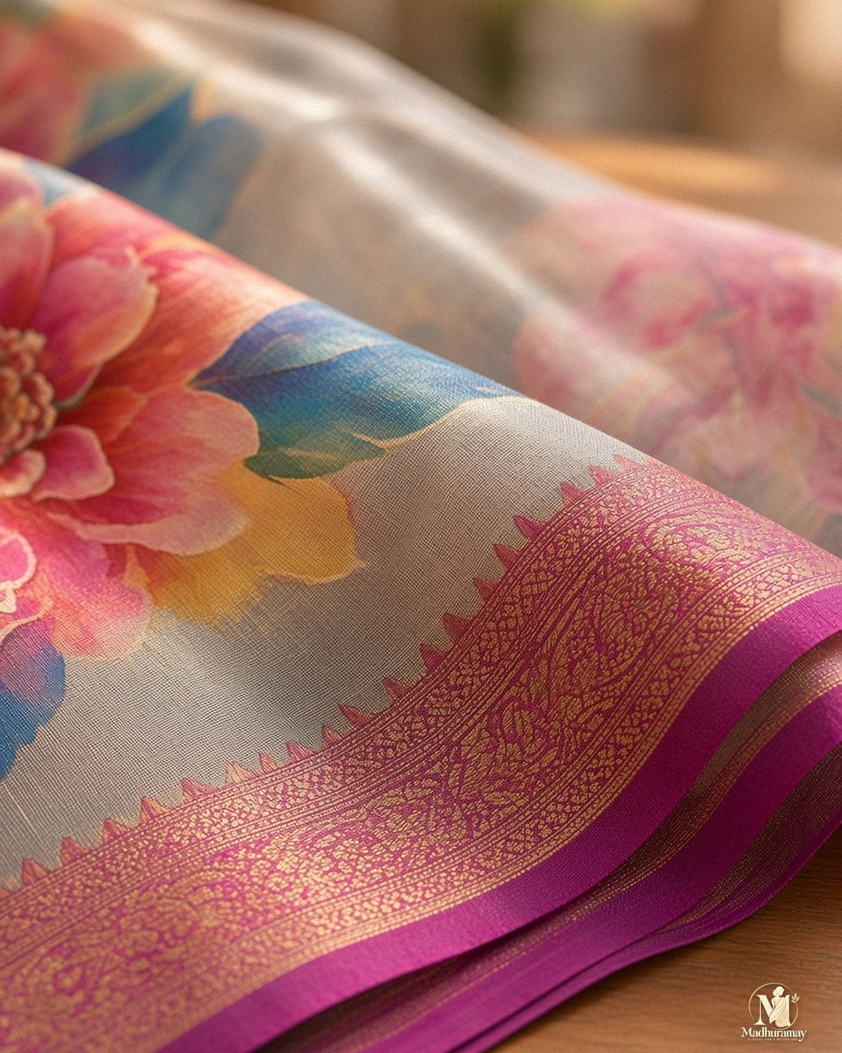 Grey Golden Garden Festive Saree with Purple Border - image 4