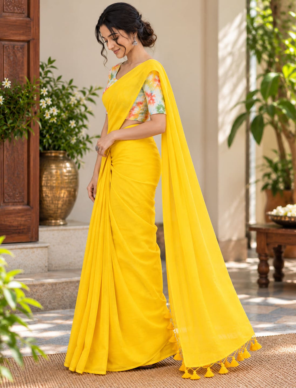 Bright Yellow Tassel Pallu Festive Saree with Floral Blouse - image 7
